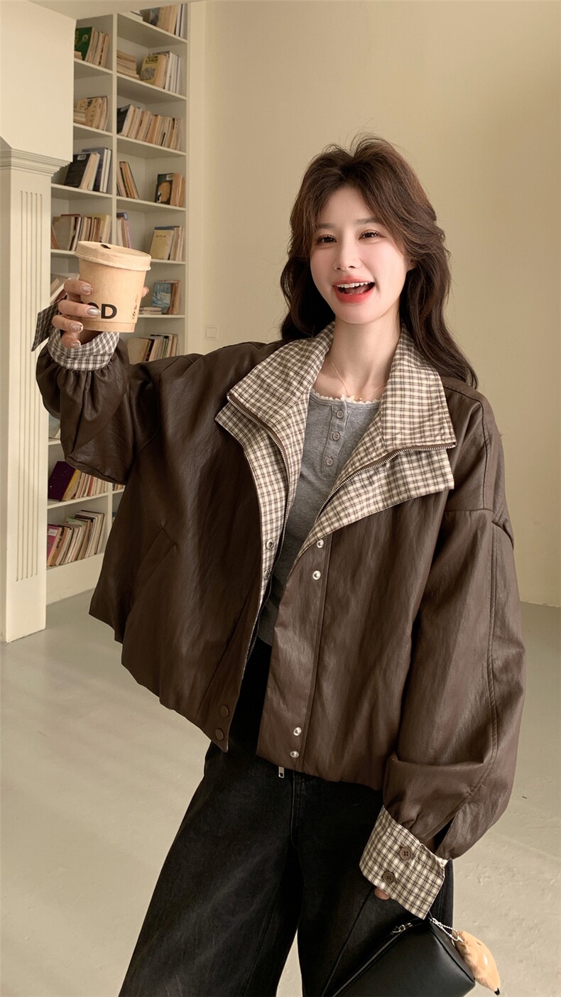 新品格子拼接皮衣外套2C117-1832P165K268,女装短外套,2C117