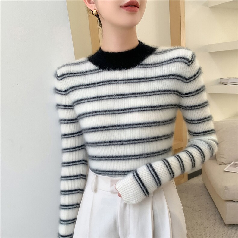 减龄撞色条纹~软糯小山羊绒衫女半高领长袖保暖修身针织打底毛衣,女装羊毛衫,拓驰羊绒