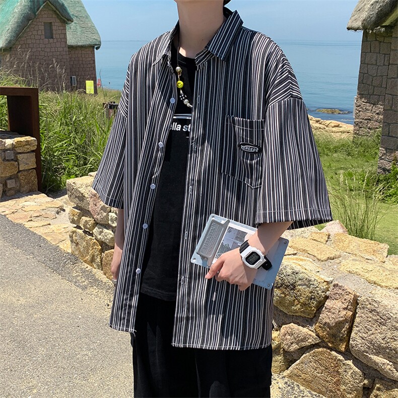 衬衫男设计感小众慵懒风条纹短袖衬衣日系上衣七分袖W1041-P32,男装夹克,星座512-2
