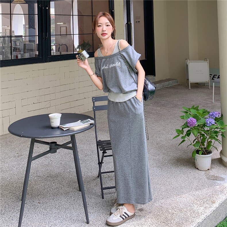 假两件露肩灰色T恤半身裙套装女夏2025新款两件套巨好看大方得体,女装套装/套裙,2C095