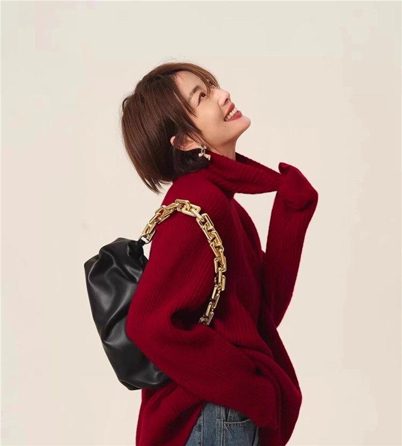 时尚潮流通勤2024秋冬季新款长袖红色羊毛高领羊毛衫,女装羊毛衫,丽特绒