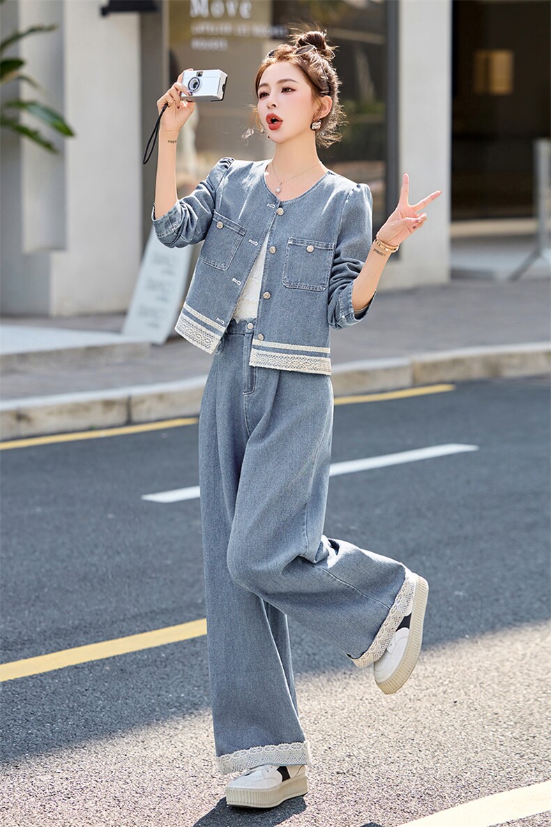 蕾丝拼接牛仔套装女2025春季新款穿搭时尚牛仔外套阔腿长裤两件套,女装套装/套裙,贵人树