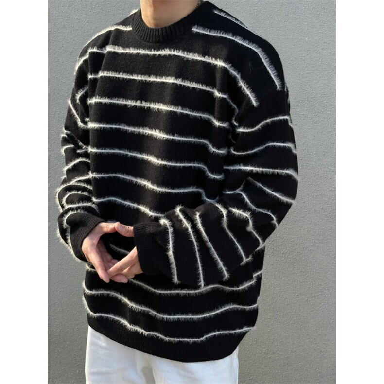网络图现货秋冬条纹毛衣男版宽松针织衫潮流圆领衣服RU18-P55,男装针织衫/毛衣,星座1005-6