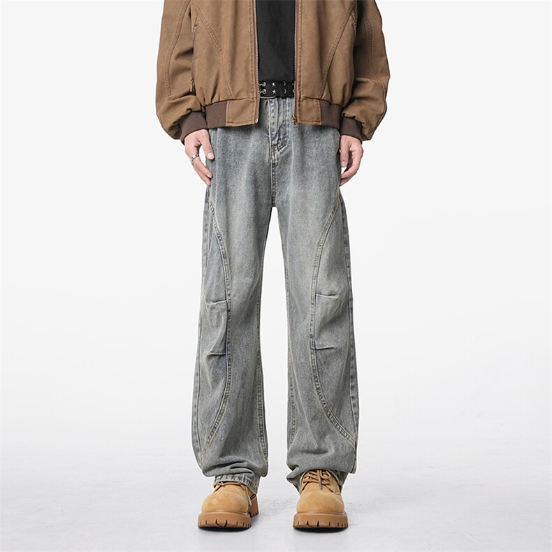 复古蓝直筒牛仔裤男款春秋季美式高街水洗重磅解构宽松直筒阔腿裤，男装休闲裤，电商A310