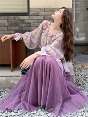 【档口】紫色碎花上衣网纱半身裙套装2C158-6008-P165-K238，女装套装/套裙，2C158
