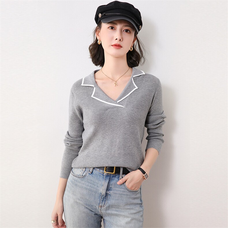 撞色翻领长袖针织衫女薄款2025新款秋季羊毛衫polo领修身套头毛衣,针织衫/毛衣,佳绒包芯纱店