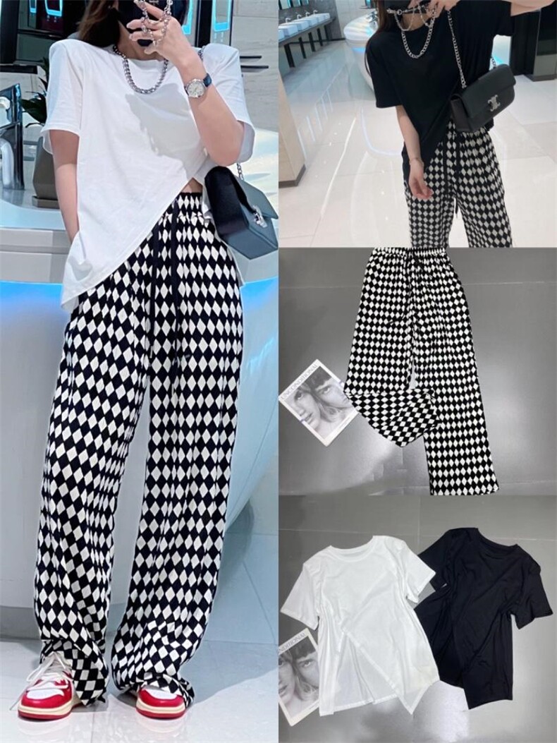 现货夏季新款套装开叉短袖+压皱菱格裤，女装职业装，AT(2F)