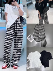 现货夏季新款套装开叉短袖+压皱菱格裤，女装职业装，AT(2F)