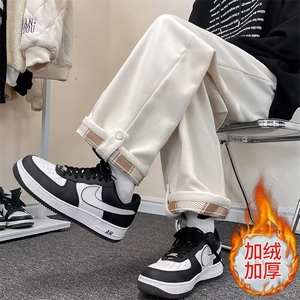 毛呢休闲裤子男黑色oversize潮高级感秋冬直筒卫裤加绒加厚 K96-1图片