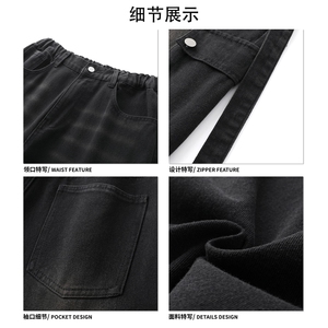 美式复古格纹腰带工装裤水洗大口袋经典牛仔宽松阔腿裤K936TP60图片