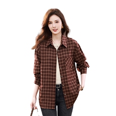 时尚格子宽松长袖衬衫女韩版休闲百搭上衣，女装衬衫，3200格调