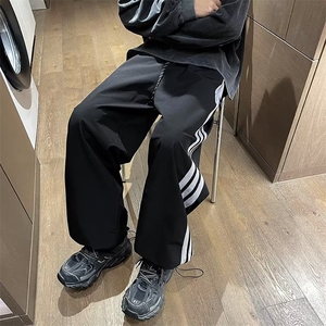 韩版潮流oversize撞色条纹休闲裤男女秋季宽松学生运动抽绳阔腿裤图片