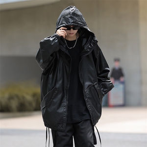 秋季美式复古纹理pu皮衣男宽松潮流夹克休闲连帽外套 W9267图片