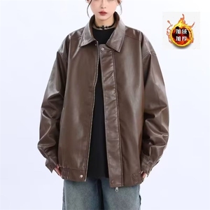 加绒款秋季新款PU皮纯色嘻哈外套上衣机车风皮夹克男女帅气图片