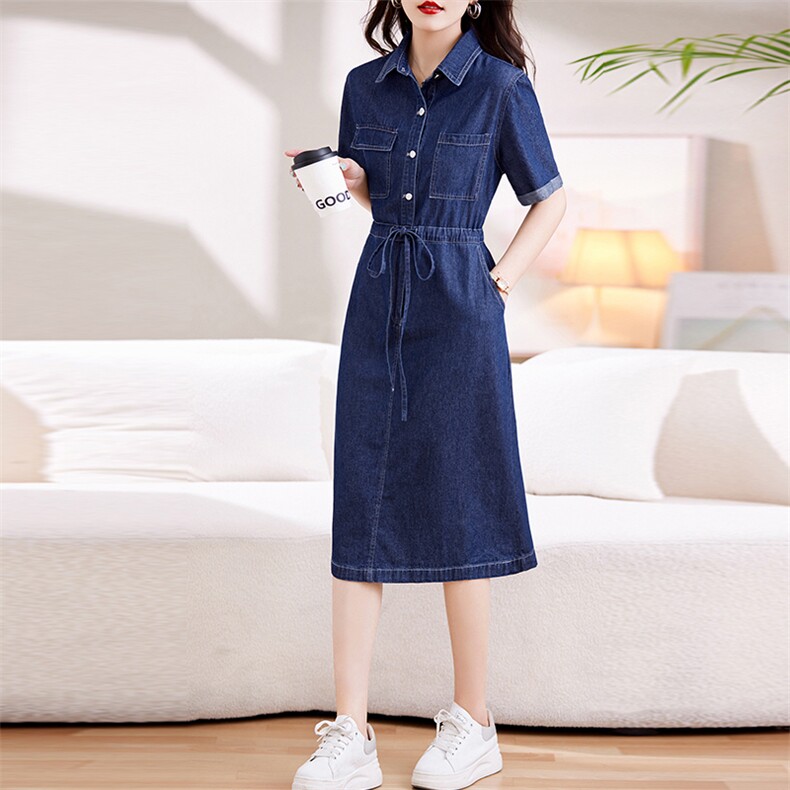 对白法式牛仔连衣裙女2024年夏季新款气质通勤设计感收腰牛仔裙子,女装连衣裙,天丽