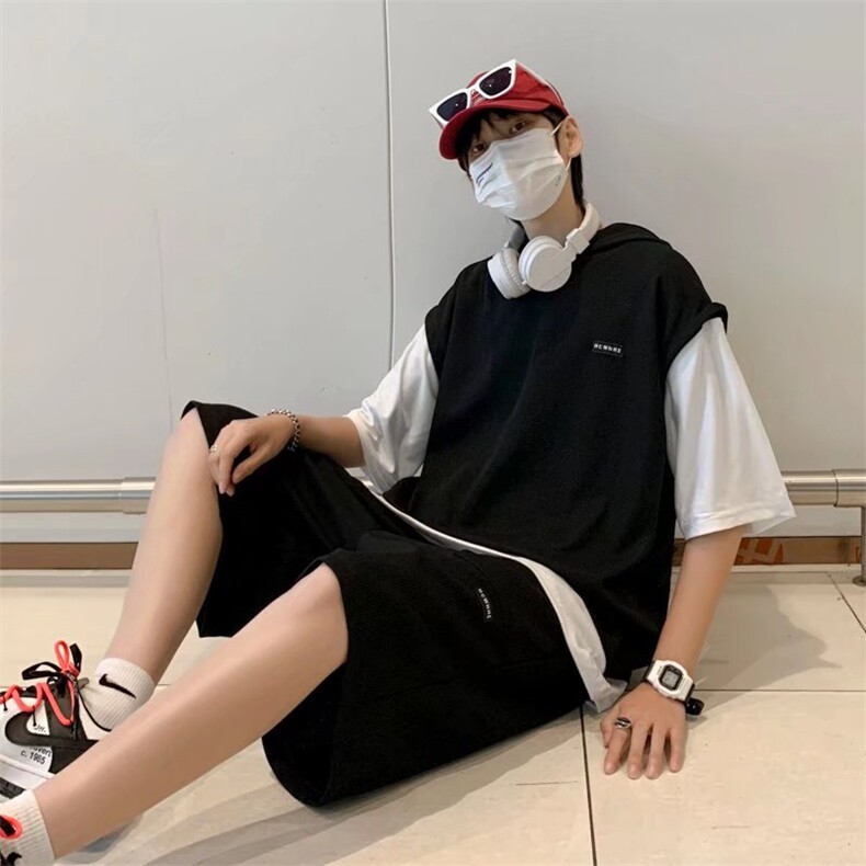华夫格短袖夏季套装男士假两件青少年帅气连帽运动休闲薄款一套,男装休闲套装,星座410-7