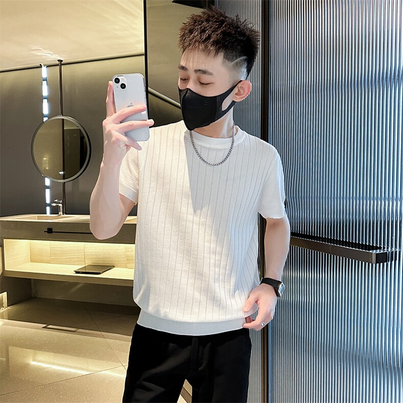2026夏季短袖T恤圆领针织半袖坑条上衣纯色冰丝休闲上衣T0268-P50,男装T恤,电商D342