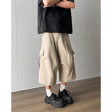 复古大口袋工装短裤男女夏季高街潮牌宽松休闲直筒阔腿七分裤，男装牛仔裤，星座601-1
