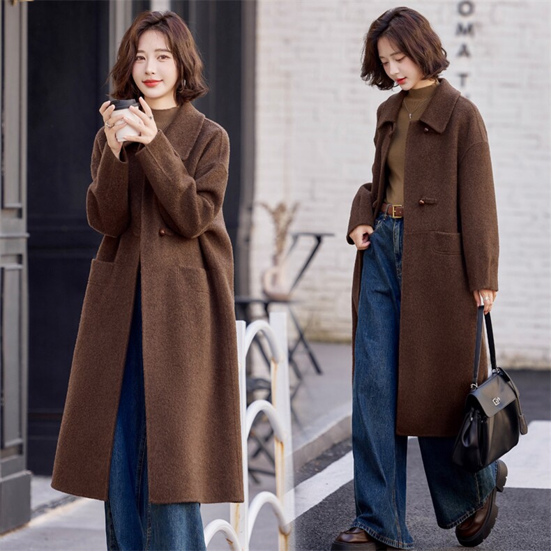 双面羊毛大衣女2025年秋冬新款气质百搭中长款显瘦100%羊毛外套,女装双面呢大衣,小荷流