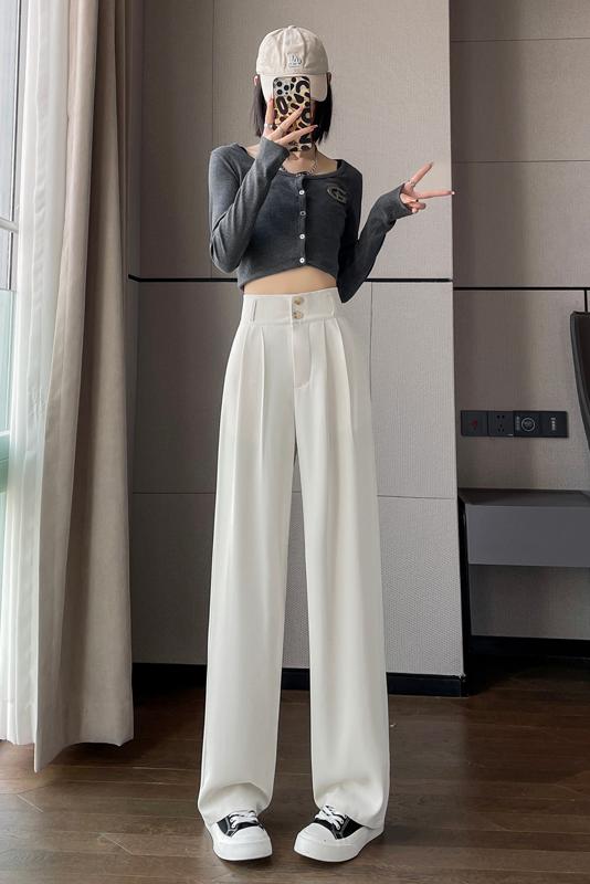 阔腿裤女春秋高腰显瘦垂感梨形身材裤子直筒拖地裤双扣休闲西装裤,女装休闲裤,梦白服饰厂