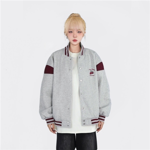 A525-P75 美式樱桃刺绣棒球服外套春秋宽松休闲潮拼接夹克上衣图片