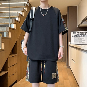 刺绣拼接休闲运动套装男夏季T恤一套短裤两件套A266-TZ9907-P47图片