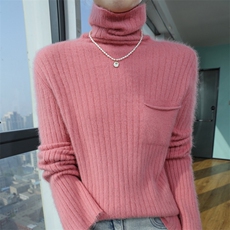 2025秋冬百搭时尚简约半高领长袖抽条针织衫，女装针织衫/毛衣，冬贝尔貂绒