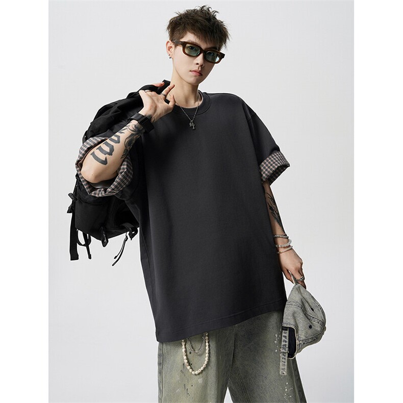8XL-M格子翻边设计短袖tee男同款文艺休闲T恤上衣半截袖男DX342,男装T恤,电商D206-1