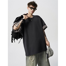 8XL-M格子翻边设计短袖tee男同款文艺休闲T恤上衣半截袖男DX342，男装T恤，电商D206-1