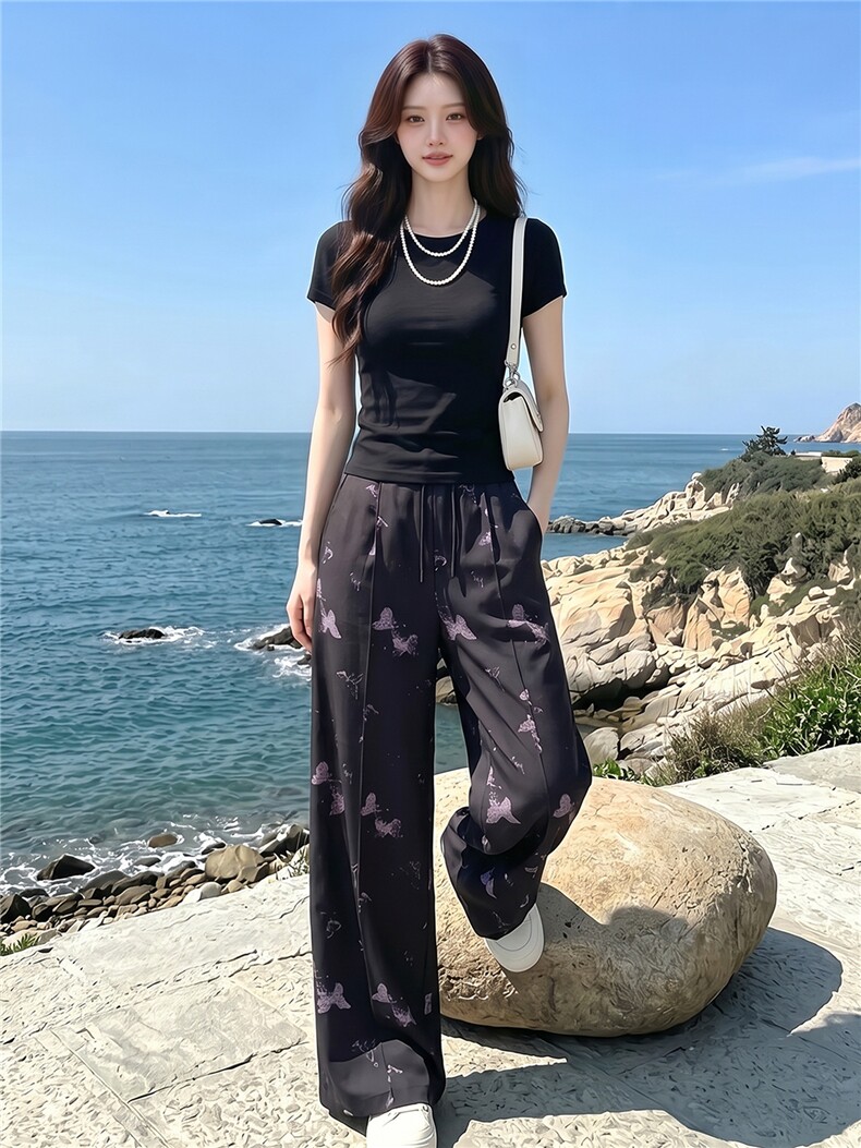女夏季高级感休闲运动套装圆领收腰短袖阔腿蝴蝶印花长裤两件套潮,女装套装/套裙,江南