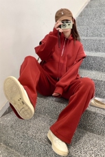 韩系慵懒chic红色休闲运动套装女2025春秋新款卫衣阔腿长裤两件套，女装套装/套裙，2C317A