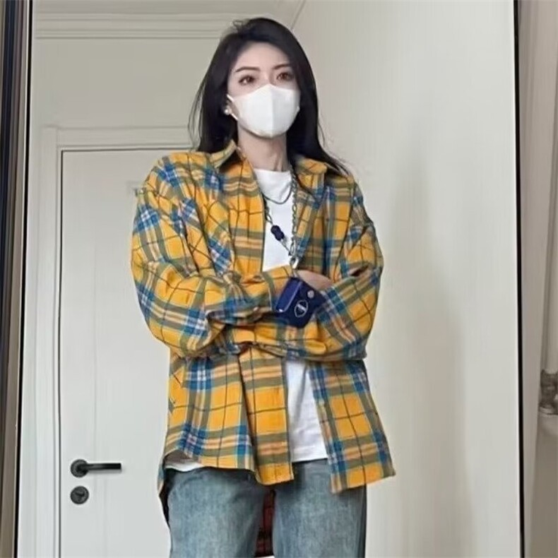 美式潮牌复古黄色格子衬衫男女款秋季2025新款设计感小众长袖衬衣,男装衬衫,星座1210-1