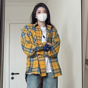 美式潮牌复古黄色格子衬衫男女款秋季2025新款设计感小众长袖衬衣图片