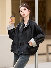复古立领宽松皮衣外套女2025秋冬季新款休闲百搭显瘦pu皮夹克上衣，女装皮衣，牡丹诺
