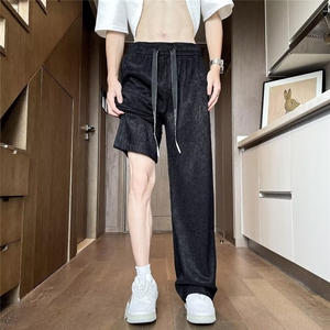 夏季褶皱男女同款港风潮流宽松直筒阔腿裤垂感复古百搭休闲裤图片