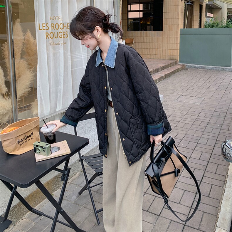 黑色菱格羽绒棉服女2024冬宽松韩版洋气超好看拼接翻领牛仔小棉袄,女装棉衣/棉服,C位