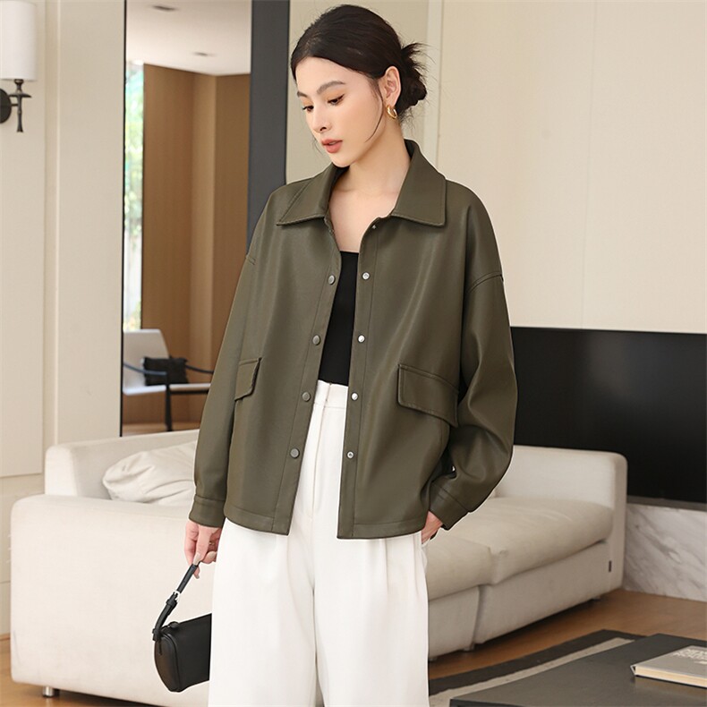 原创设计韩版大码显瘦复古纯色简约气质休闲皮衣外套女，女装皮衣，七禧