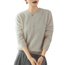 时尚圆领拉绒纯山羊绒衫女无缝一线毛衣2025秋冬新款针织打底拉毛，女装羊绒衫，咔绒特