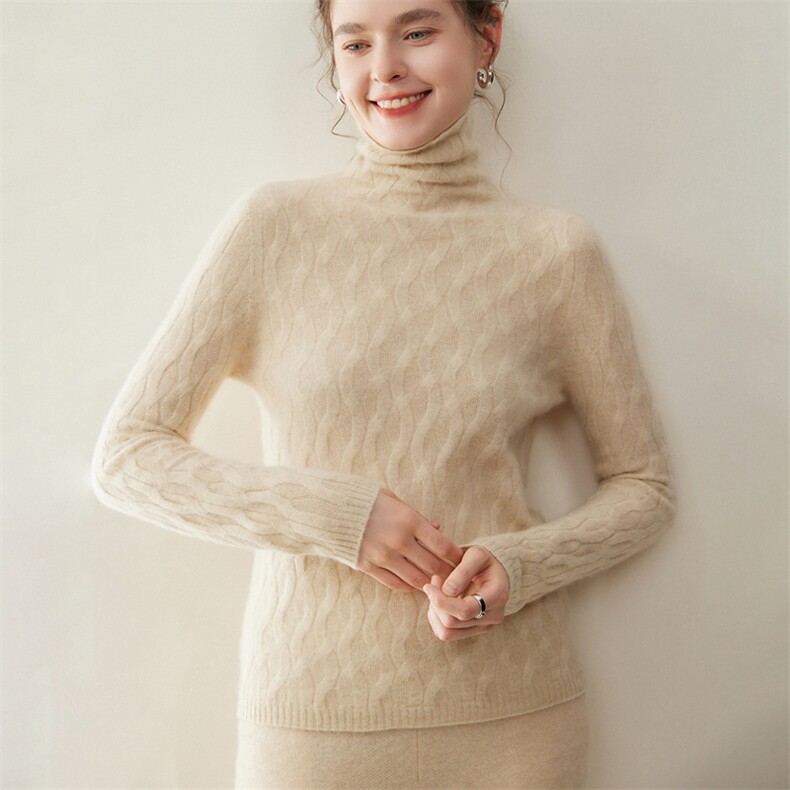 2025年秋季新款百搭女士一线绞花堆堆领长袖羊绒衫，女装羊绒衫，纳丰羊绒