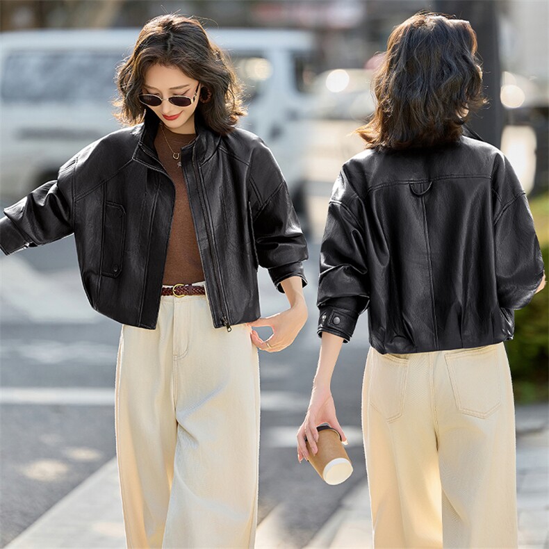 海宁2025新款气质时尚百搭拉链皮衣外套女高级感立领夹克,女装皮衣,美拉德工厂直营店