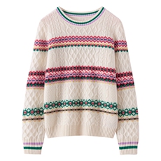 条纹撞色100%山羊绒衫女圆领拼色加厚毛衣2025新款秋冬针织打底衫，女装针织衫/毛衣，美创羊绒