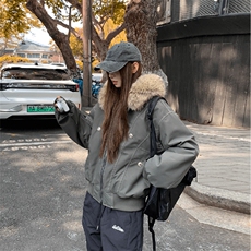 现货重磅boxy短款棉衣座山雕大毛毛领男女棉服水洗工装厚外套，男装棉衣，电商A486-1