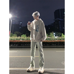 欧美高街vibe裤子嘻哈街头美式复古牛仔裤修身直筒显瘦微喇叭裤图片