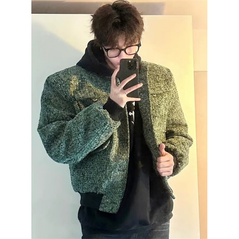 小香风短款毛呢外套男秋款高级感短宽松粗花呢工装夹克J9358,男装夹克,星座1116A（原606A-3）