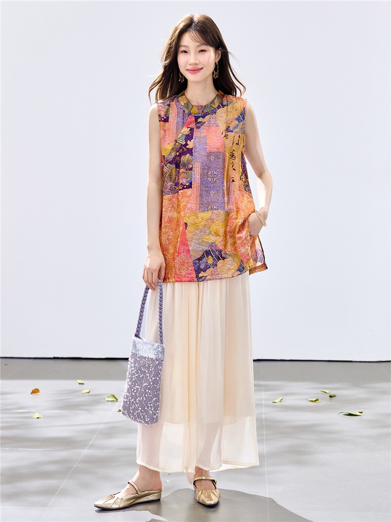 夏季新款现货！2026新中式奥黛款旗袍盘扣开叉+流光阔腿裤两件套,女装套装/套裙,央宝儿