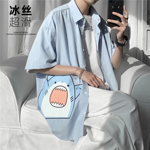 QT67 鲨鱼短袖衬衣男港风潮流夏季冰丝衬衫P28图片