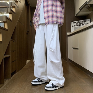 白色弯刀牛仔裤男阔腿高街廓形褶皱镰刀男装牛仔裤NKA631-P58有货图片