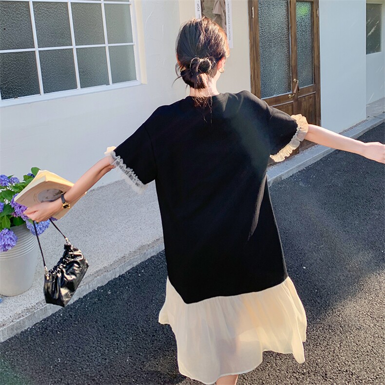 蕾丝拼接短袖T恤连衣裙女2025夏季新款高级感宽松气质显瘦鱼尾裙,女装连衣裙,2C316