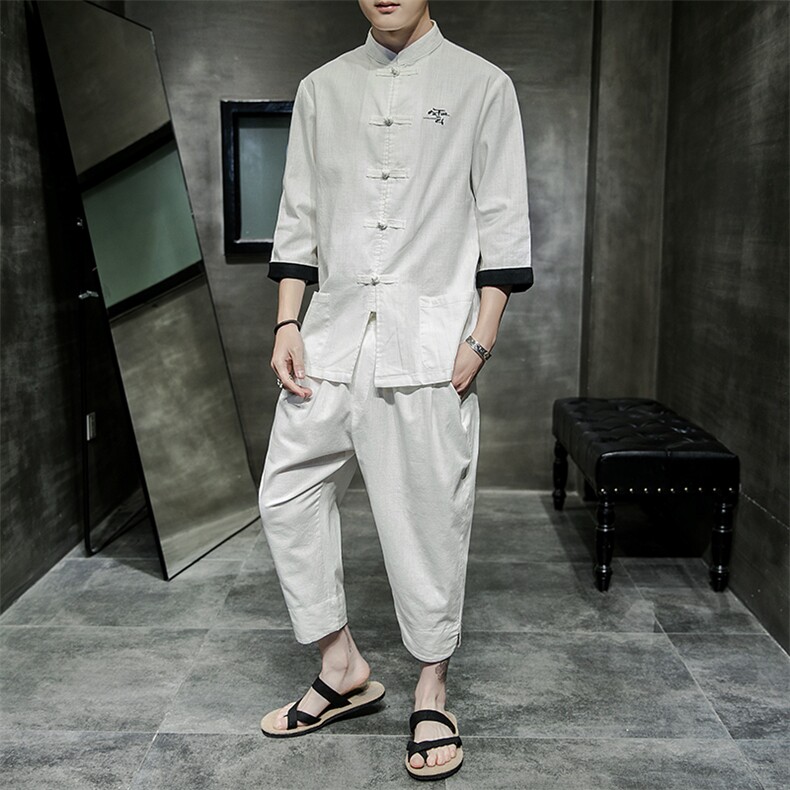2021夏季新款中国风套装男大码唐装七分袖衬衫男休闲裤TZ073/P100,男装休闲套装,电商A008