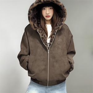 棕色双面穿豹纹连帽棉服男女冬季加绒加厚座山雕外套PU皮三防保暖,胖穿白色衣服怎么搭配图片图片